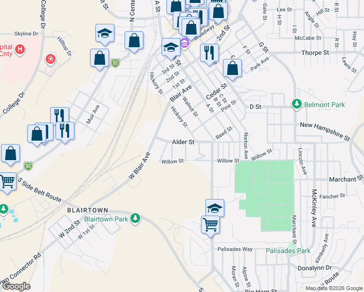 map of restaurants, bars, coffee shops, grocery stores, and more near 820 Maple Street in Rock Springs