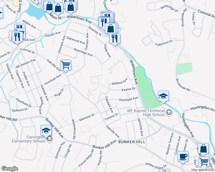 map of restaurants, bars, coffee shops, grocery stores, and more near 130 Kaynor Drive in Waterbury