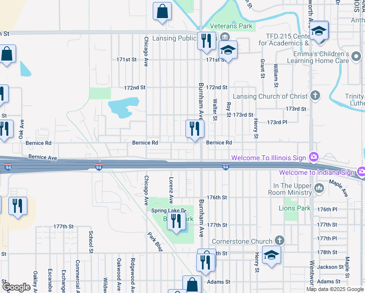 map of restaurants, bars, coffee shops, grocery stores, and more near 3107 Bernice Road in Lansing