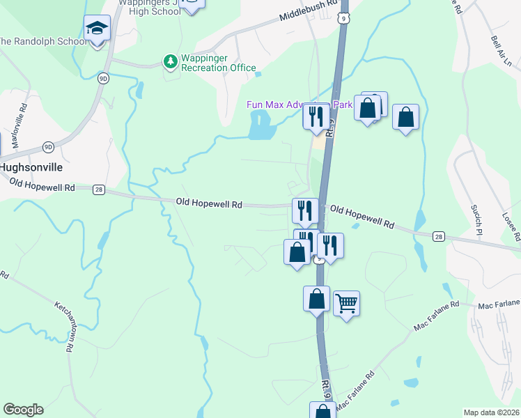 map of restaurants, bars, coffee shops, grocery stores, and more near 12 Seneca Lane in Wappingers Falls