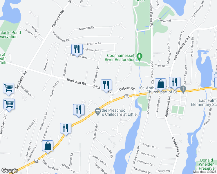 map of restaurants, bars, coffee shops, grocery stores, and more near 11 Brick Kiln Road in Falmouth