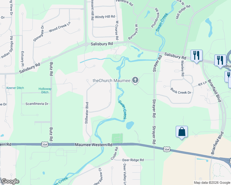 map of restaurants, bars, coffee shops, grocery stores, and more near 3413 Swan Ridge Lane in Maumee