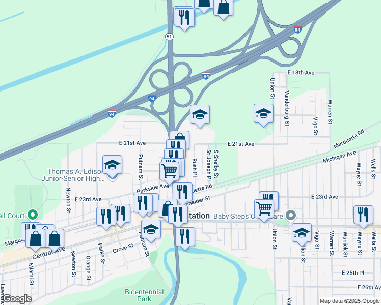 map of restaurants, bars, coffee shops, grocery stores, and more near 2146 Rush Place in Lake Station