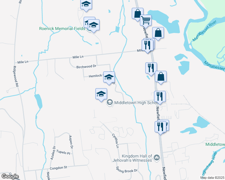 map of restaurants, bars, coffee shops, grocery stores, and more near 99 Spruce Street in Middletown