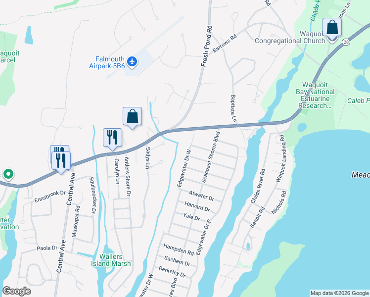 map of restaurants, bars, coffee shops, grocery stores, and more near 33 Edgewater Drive West in Falmouth