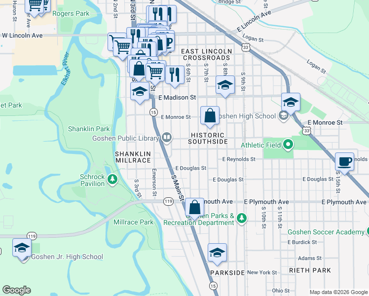 map of restaurants, bars, coffee shops, grocery stores, and more near 623 South 6th Street in Goshen