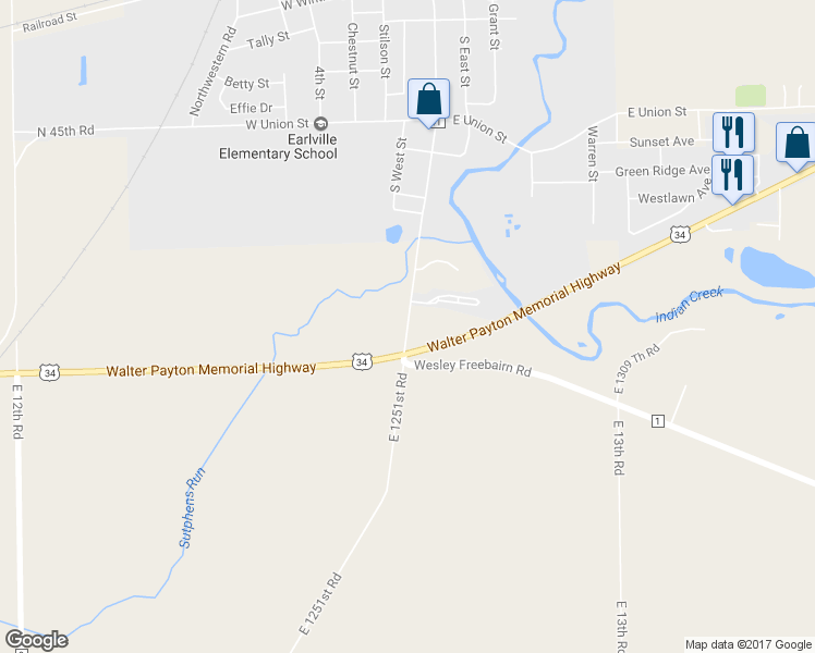 map of restaurants, bars, coffee shops, grocery stores, and more near 4464 East 1251st Road in Earlville