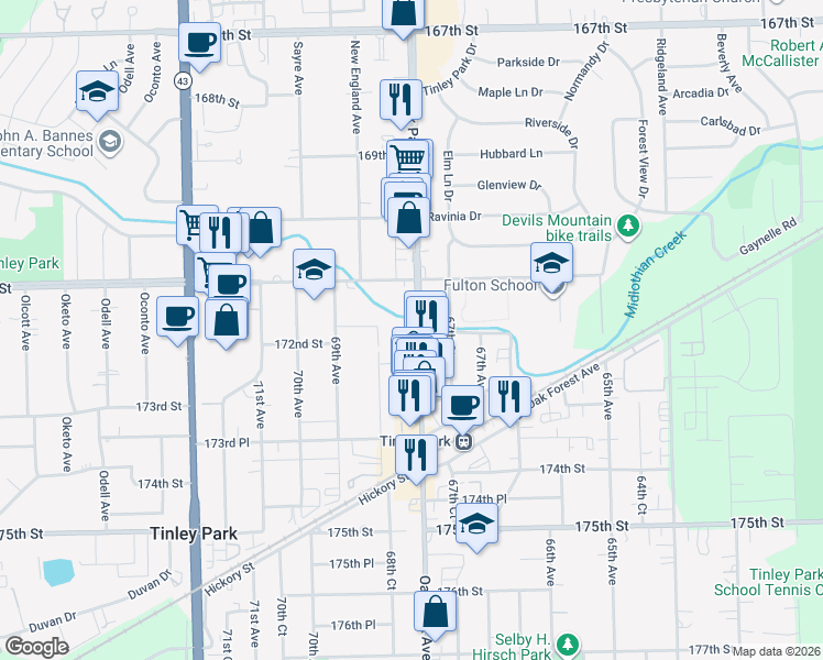 map of restaurants, bars, coffee shops, grocery stores, and more near 17214 Oak Park Avenue in Tinley Park