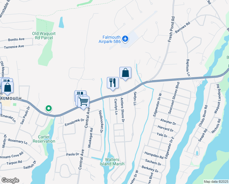 map of restaurants, bars, coffee shops, grocery stores, and more near 863 East Falmouth Highway in Falmouth