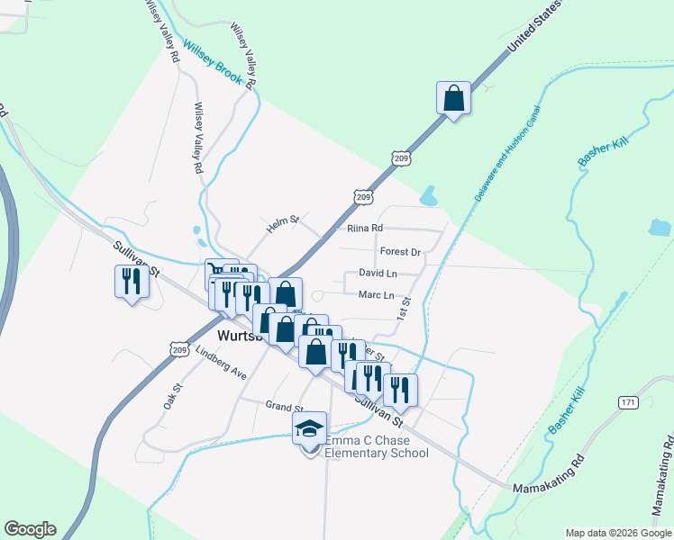 map of restaurants, bars, coffee shops, grocery stores, and more near 30 Marc Lane in Wurtsboro
