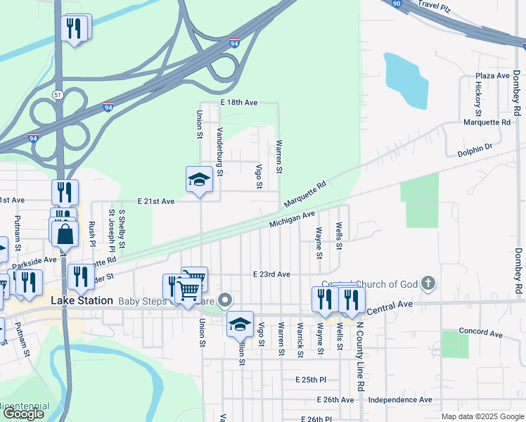 map of restaurants, bars, coffee shops, grocery stores, and more near 4600-4698 Michigan Avenue in Lake Station
