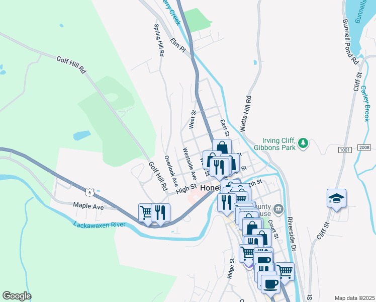 map of restaurants, bars, coffee shops, grocery stores, and more near 1409 Westside Avenue in Honesdale