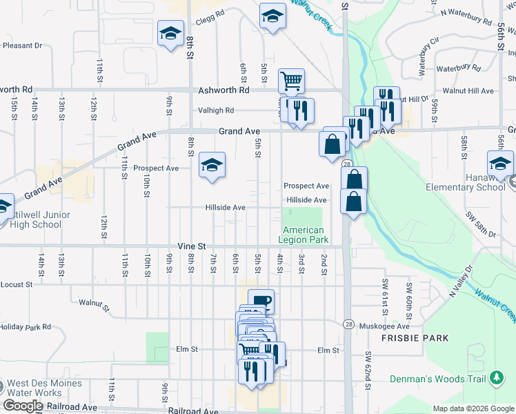 map of restaurants, bars, coffee shops, grocery stores, and more near 499 Hillside Avenue in West Des Moines