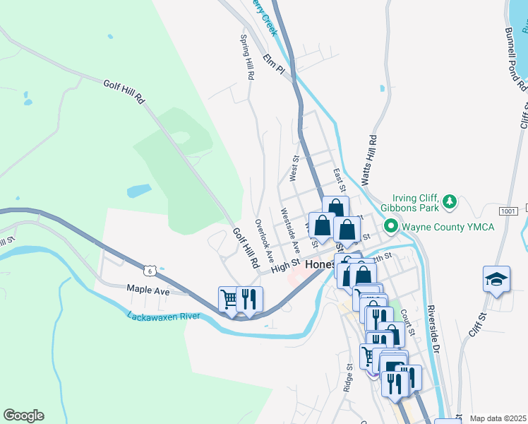 map of restaurants, bars, coffee shops, grocery stores, and more near 1410 Hillside Avenue in Honesdale