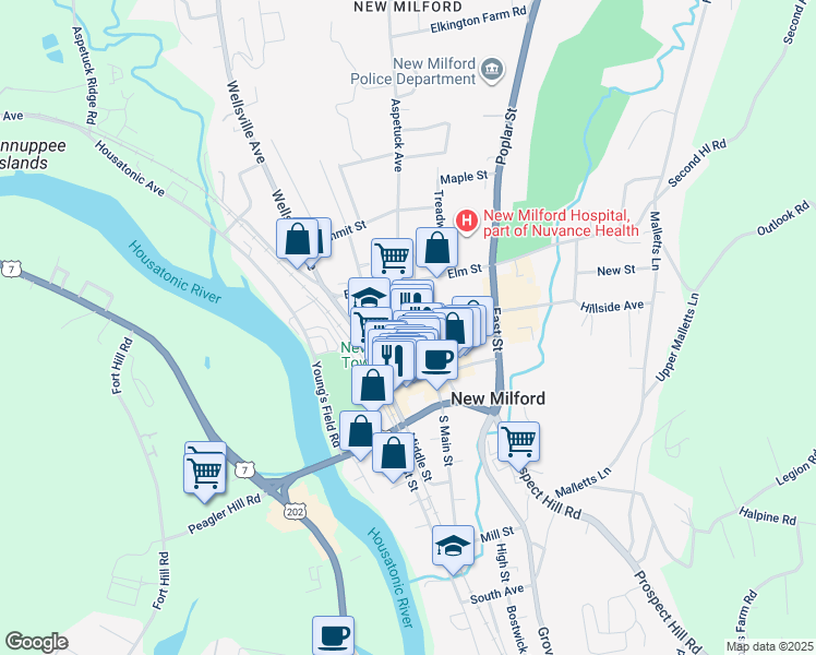 map of restaurants, bars, coffee shops, grocery stores, and more near 49 Main Street in New Milford