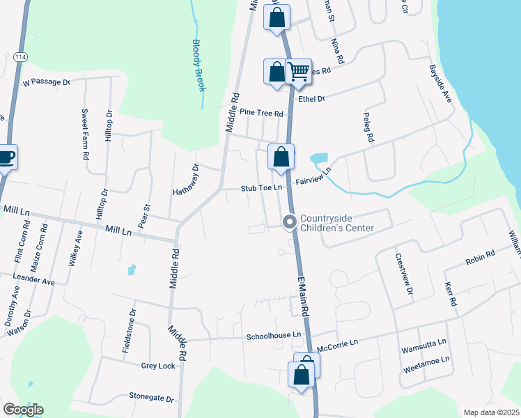 map of restaurants, bars, coffee shops, grocery stores, and more near 1678 East Main Road in Portsmouth