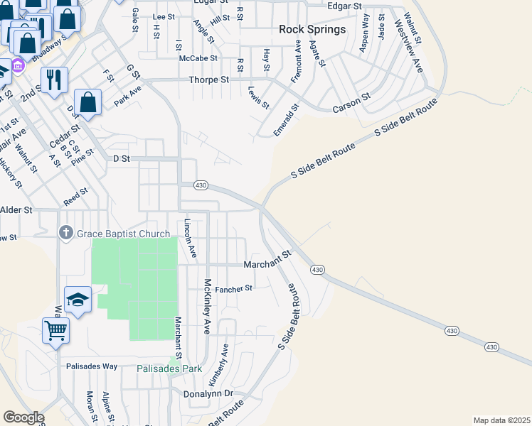 map of restaurants, bars, coffee shops, grocery stores, and more near 1331 New Hampshire Street in Rock Springs