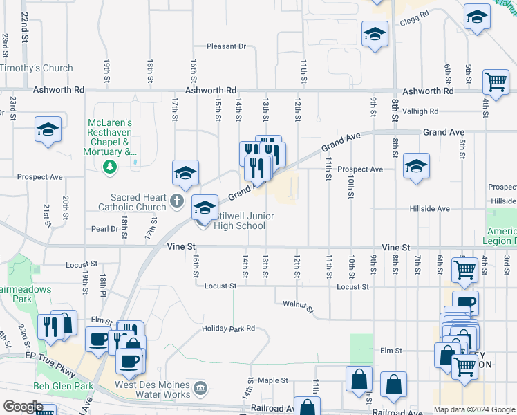 map of restaurants, bars, coffee shops, grocery stores, and more near 704 13th Street in West Des Moines