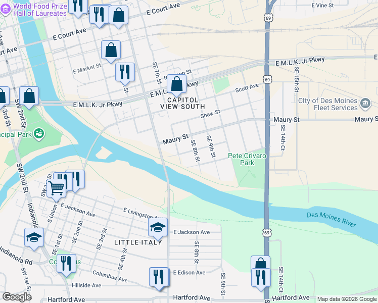 map of restaurants, bars, coffee shops, grocery stores, and more near 716 East Railroad Avenue in Des Moines