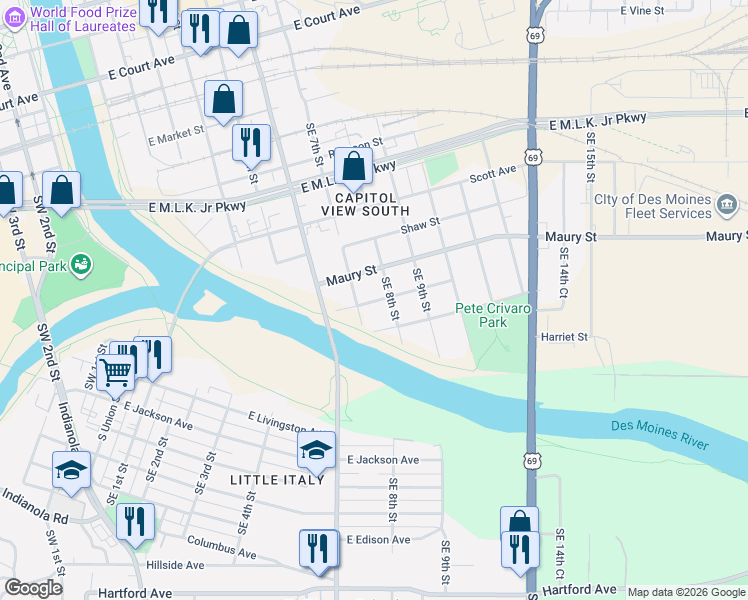 map of restaurants, bars, coffee shops, grocery stores, and more near 716 East Railroad Avenue in Des Moines