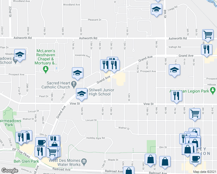 map of restaurants, bars, coffee shops, grocery stores, and more near 624 13th Street in West Des Moines