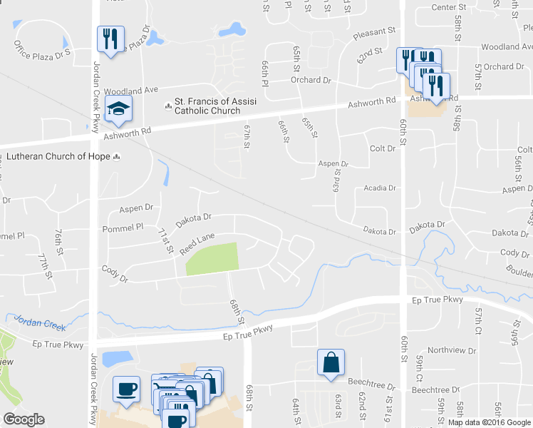 map of restaurants, bars, coffee shops, grocery stores, and more near 6639 Dakota Drive in West Des Moines