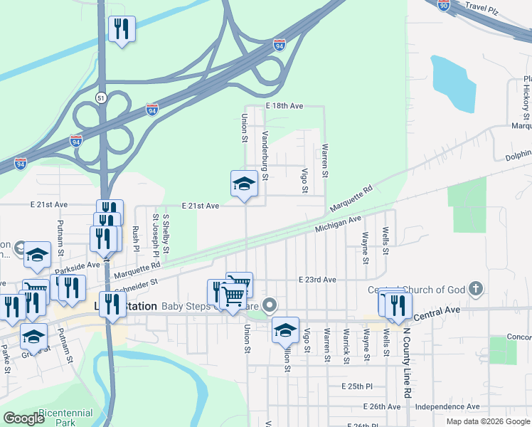 map of restaurants, bars, coffee shops, grocery stores, and more near 4322 Marquette Rd in Gary