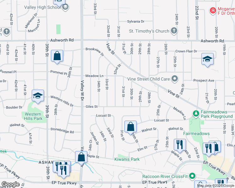 map of restaurants, bars, coffee shops, grocery stores, and more near 529 32nd Street in West Des Moines
