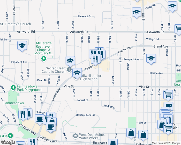 map of restaurants, bars, coffee shops, grocery stores, and more near 712 13th Street in West Des Moines