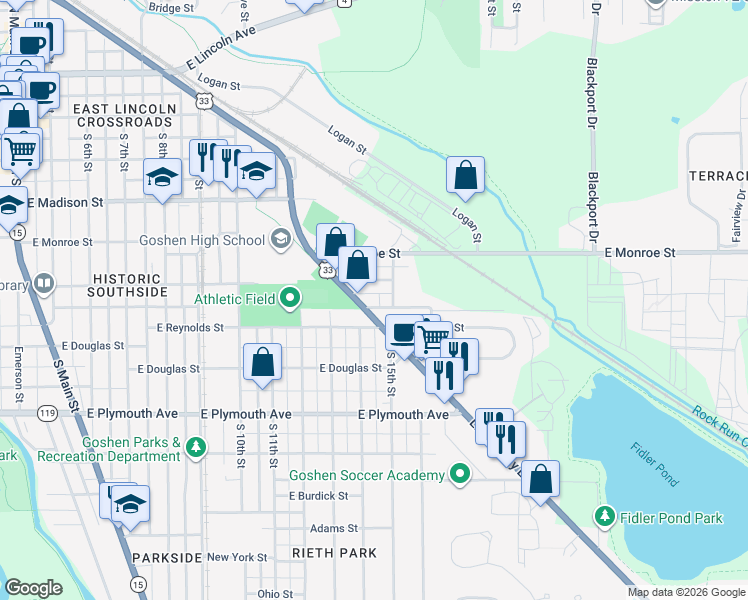 map of restaurants, bars, coffee shops, grocery stores, and more near 1101 East Reynolds Street in Goshen
