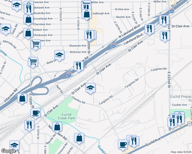 map of restaurants, bars, coffee shops, grocery stores, and more near 20020 Saint Clair Avenue in Euclid