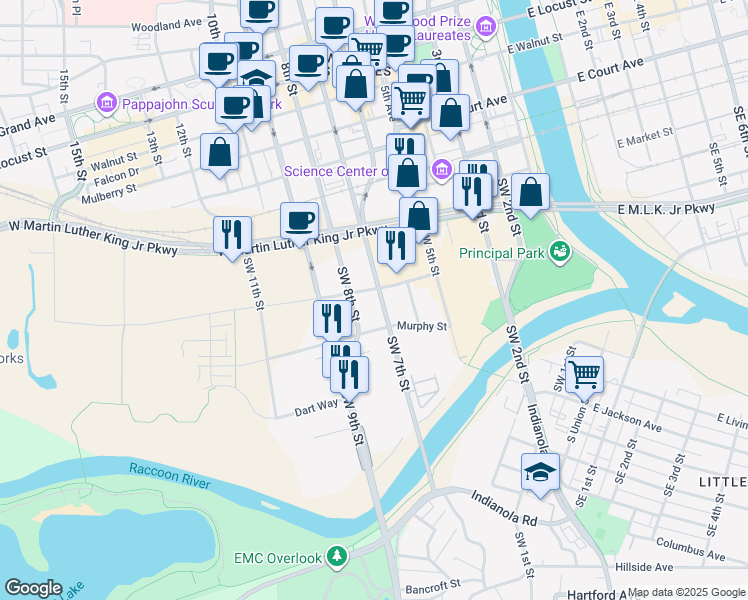map of restaurants, bars, coffee shops, grocery stores, and more near 330 7th Street in West Des Moines