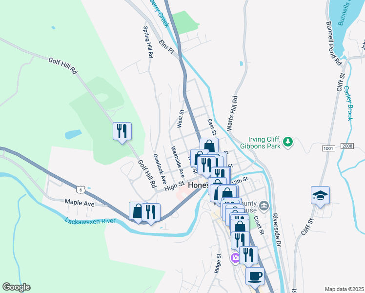 map of restaurants, bars, coffee shops, grocery stores, and more near 1520 Wood Avenue in Honesdale