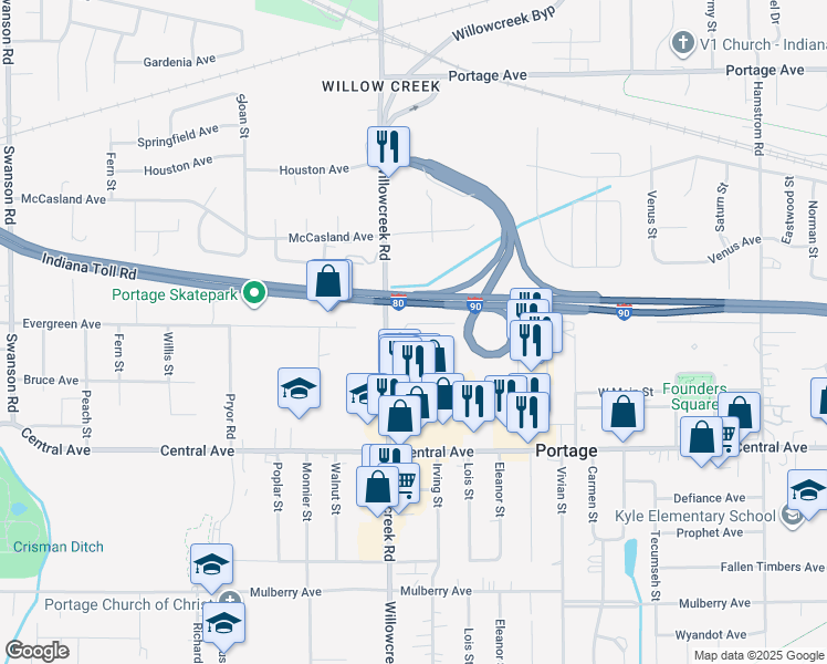 map of restaurants, bars, coffee shops, grocery stores, and more near Indiana East-West Toll Rd in Portage