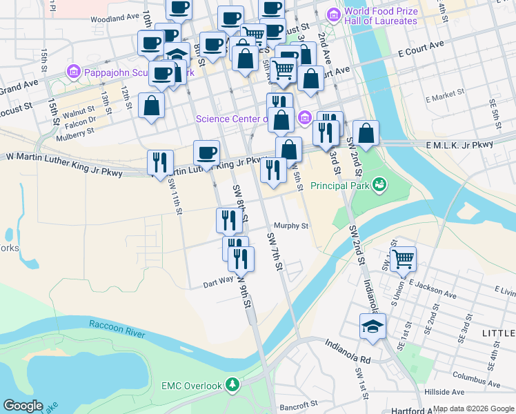 map of restaurants, bars, coffee shops, grocery stores, and more near 330 7th Street in West Des Moines