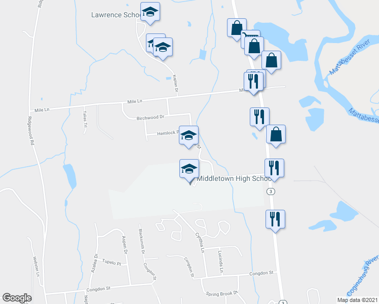 map of restaurants, bars, coffee shops, grocery stores, and more near 99 Spruce Street in Middletown