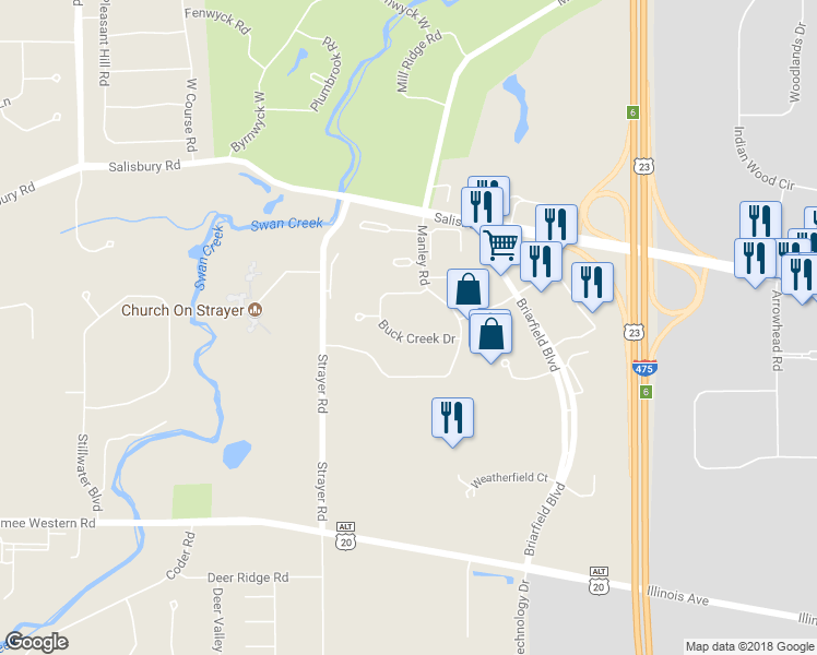 map of restaurants, bars, coffee shops, grocery stores, and more near 6638 Buck Creek Drive in Maumee