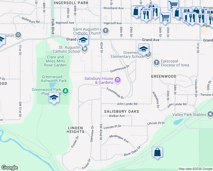 map of restaurants, bars, coffee shops, grocery stores, and more near 4115 Tonawanda Drive in Des Moines