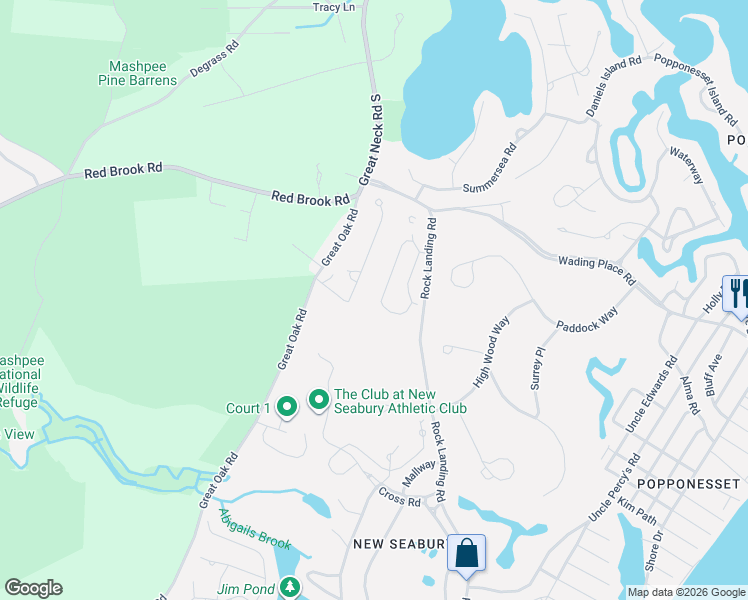 map of restaurants, bars, coffee shops, grocery stores, and more near 52 4 Seasons Drive in Mashpee