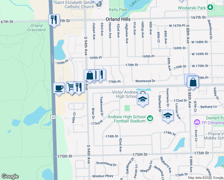 map of restaurants, bars, coffee shops, grocery stores, and more near 9225 170th Place in Orland Hills