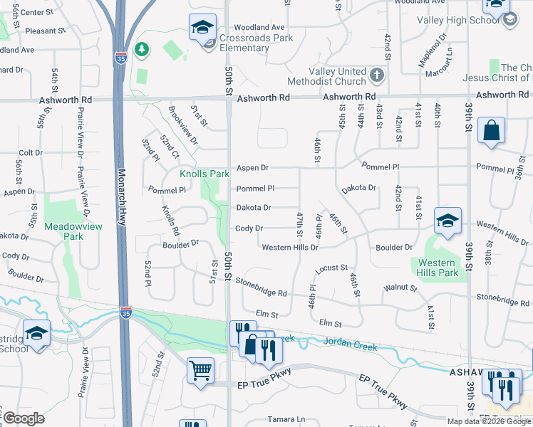 map of restaurants, bars, coffee shops, grocery stores, and more near 4713 Dakota Drive in West Des Moines