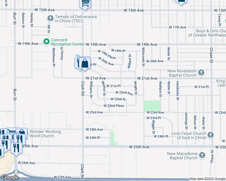 map of restaurants, bars, coffee shops, grocery stores, and more near 4256 West 21st Place in Gary
