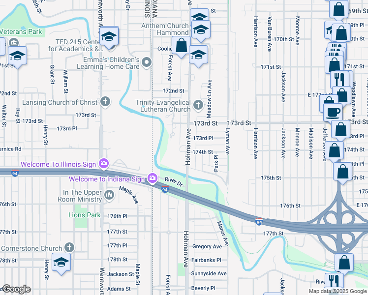 map of restaurants, bars, coffee shops, grocery stores, and more near 7344 Hohman Avenue in Hammond