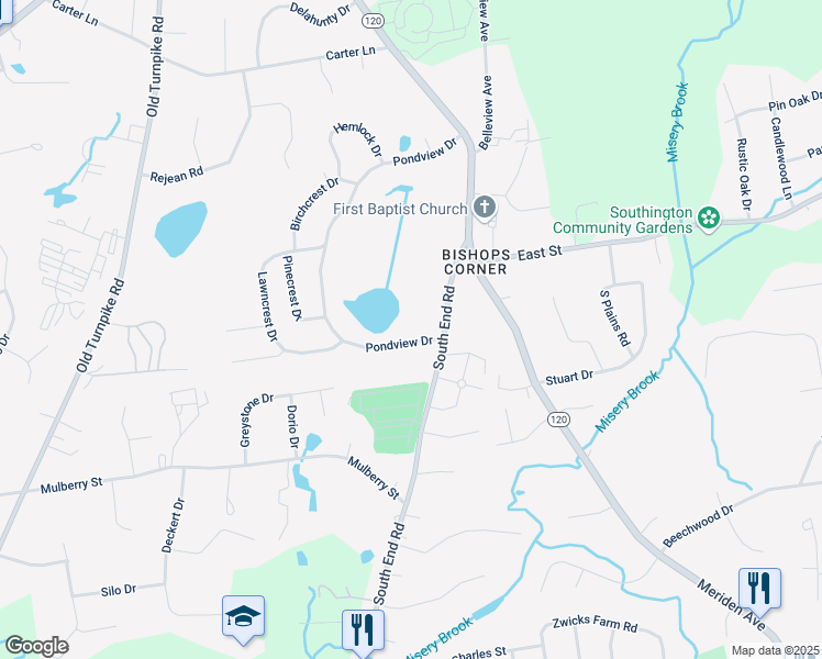 map of restaurants, bars, coffee shops, grocery stores, and more near 100 South End Road in Southington