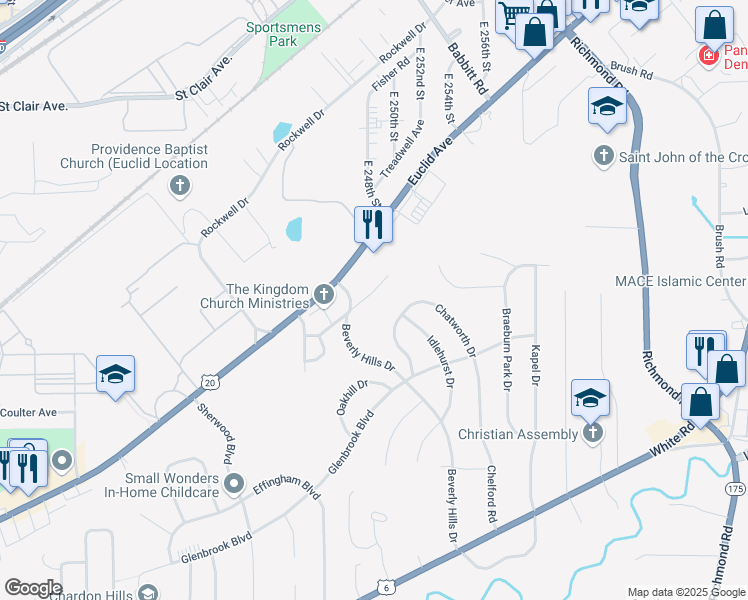 map of restaurants, bars, coffee shops, grocery stores, and more near 24630 Hawthorne Drive in Euclid