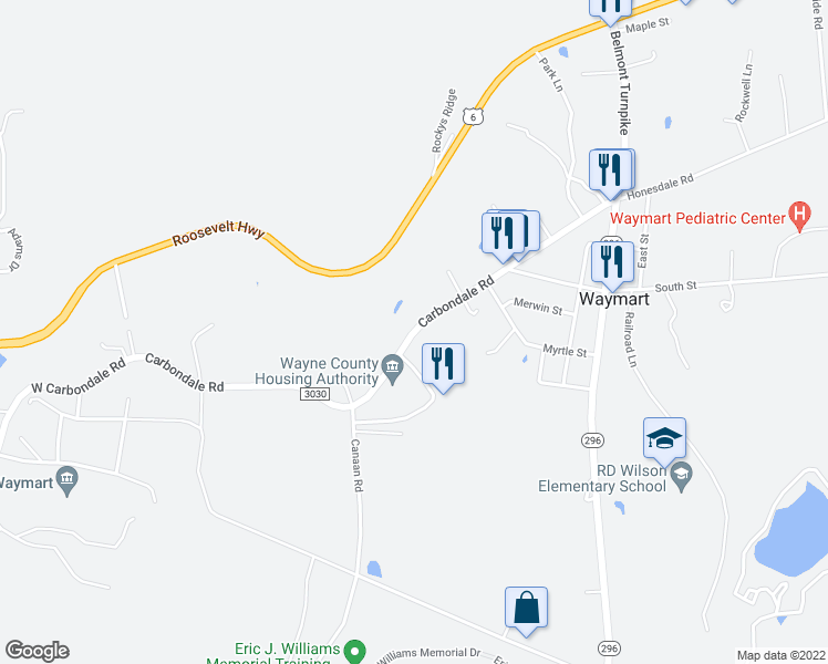 map of restaurants, bars, coffee shops, grocery stores, and more near 140 Carbondale Road in Waymart