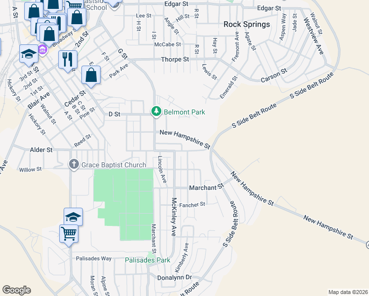 map of restaurants, bars, coffee shops, grocery stores, and more near 1147 Vermont Street in Rock Springs