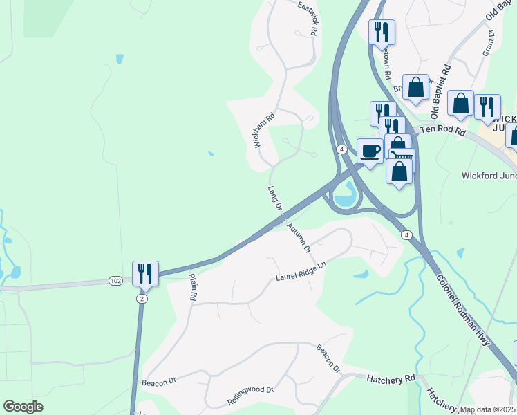 map of restaurants, bars, coffee shops, grocery stores, and more near 30 Lang Drive in North Kingstown
