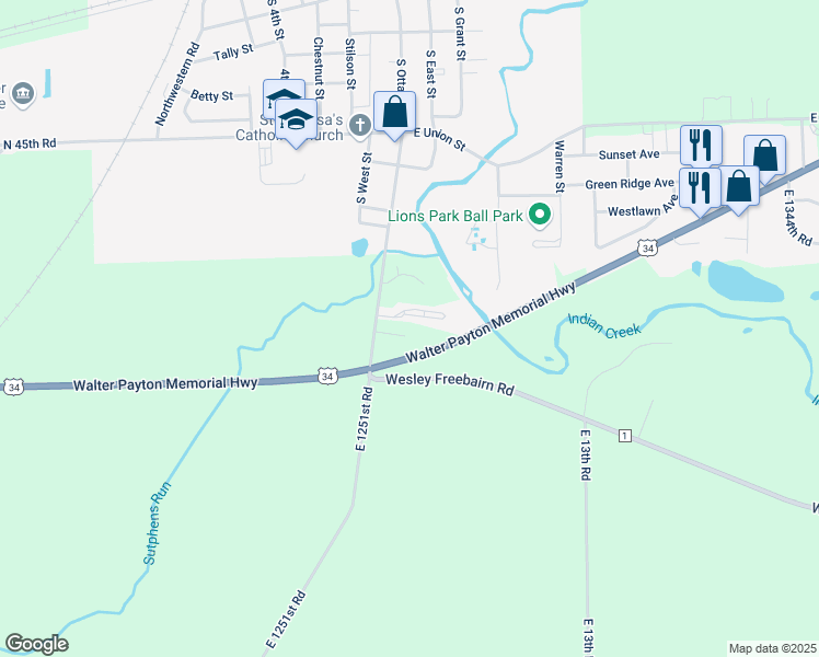 map of restaurants, bars, coffee shops, grocery stores, and more near 4464 East 1251st Road in Earlville