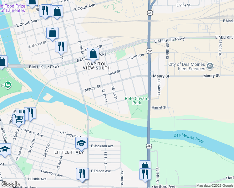 map of restaurants, bars, coffee shops, grocery stores, and more near 819 Southeast 9th Street in Des Moines